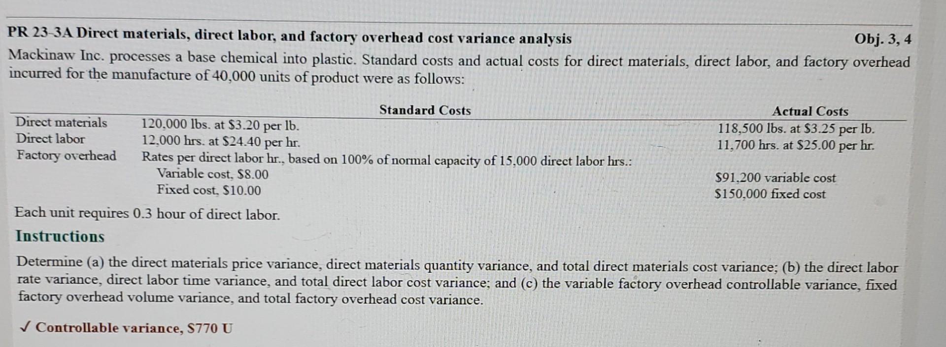 Obj. 3, 4 PR 23-3A Direct materials, direct labor, and factory overhead