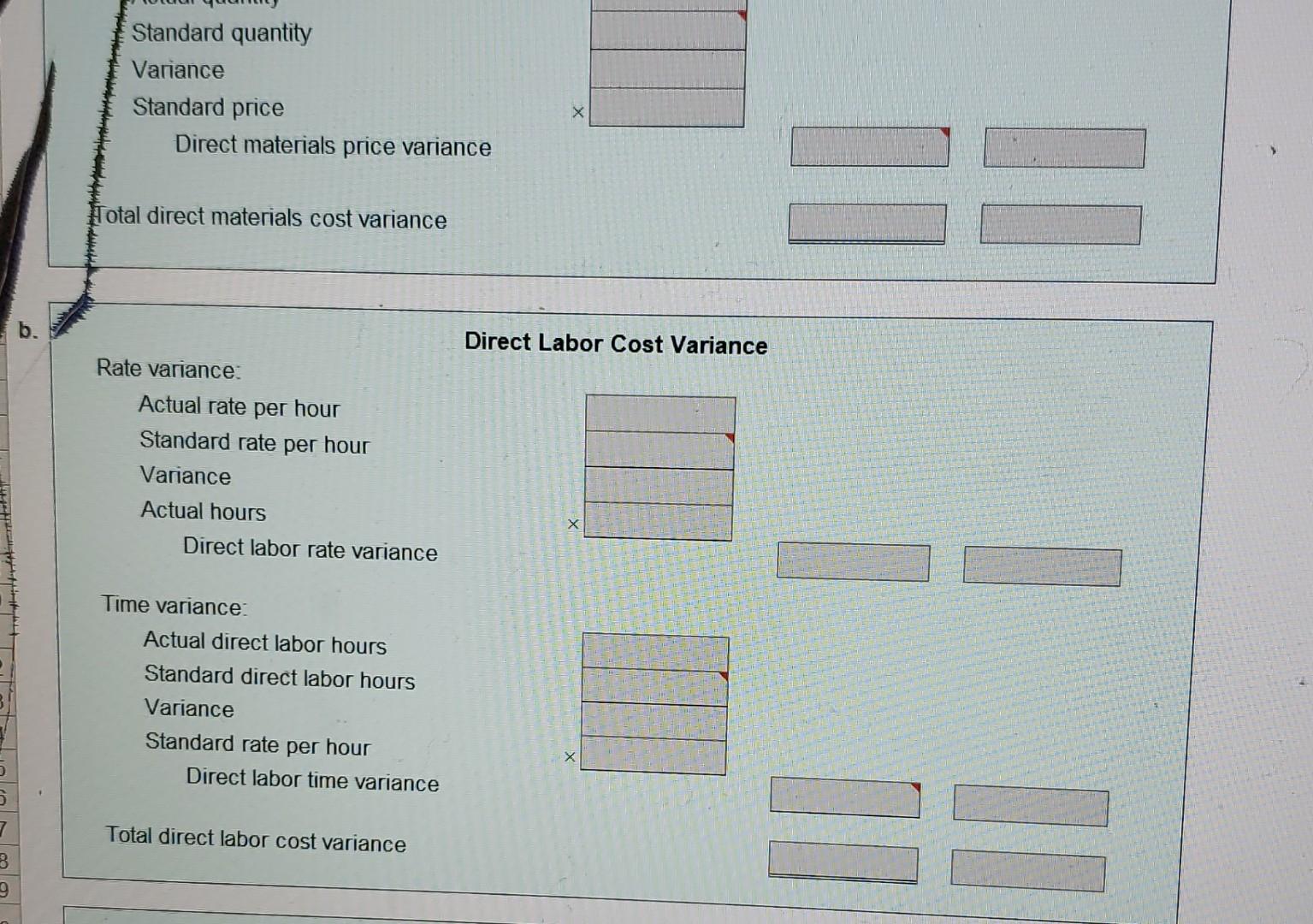 costs and actual costs for direct materials, direct labor, and factory overhead