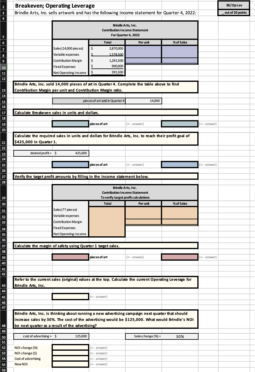 2 3 4 Breakeven; Operating Leverage Brindle Arts, Inc. sells artwork and