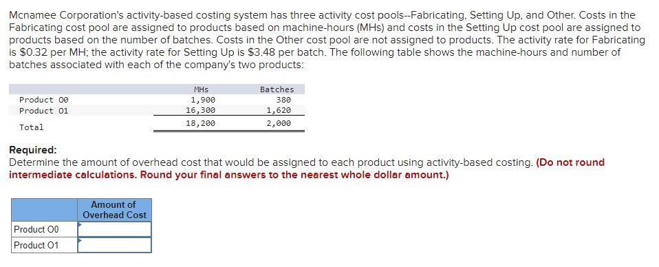 Mcnamee Corporation's activity-based costing system has three activity cost pools--Fabricating, Setting Up,