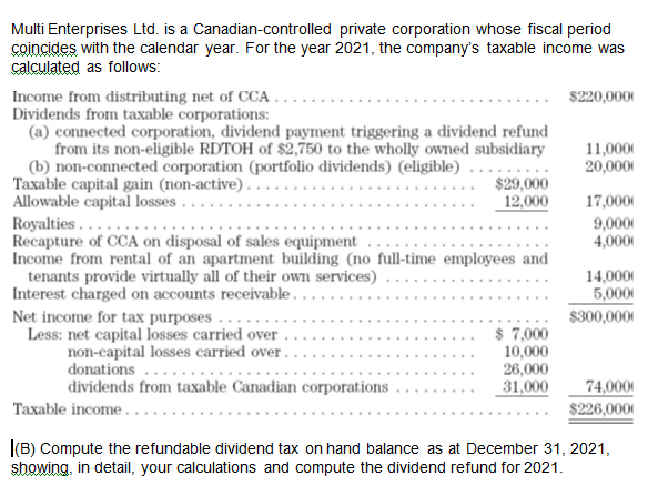 Multi Enterprises Ltd. is a Canadian-controlled private corporation whose fiscal period coincides