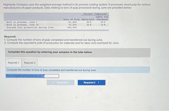Highlands Company uses the weighted-average method in its process costing system. It