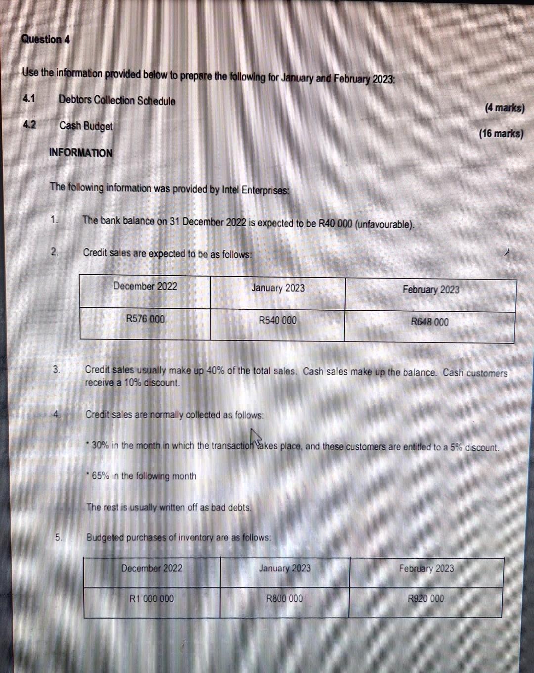Question 4 Use the information provided below to prepare the following for