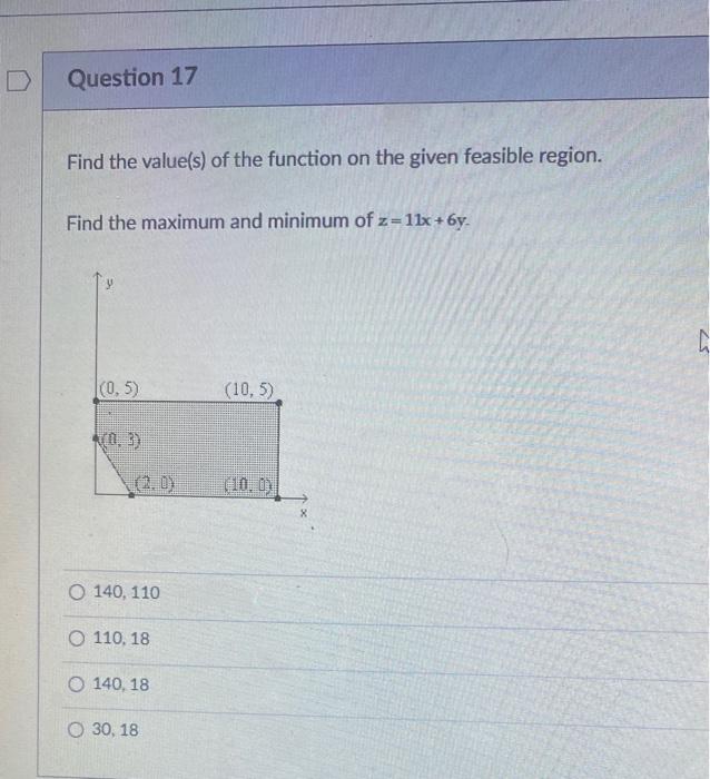 Question 17 Find the value(s) of the function on the given feasible