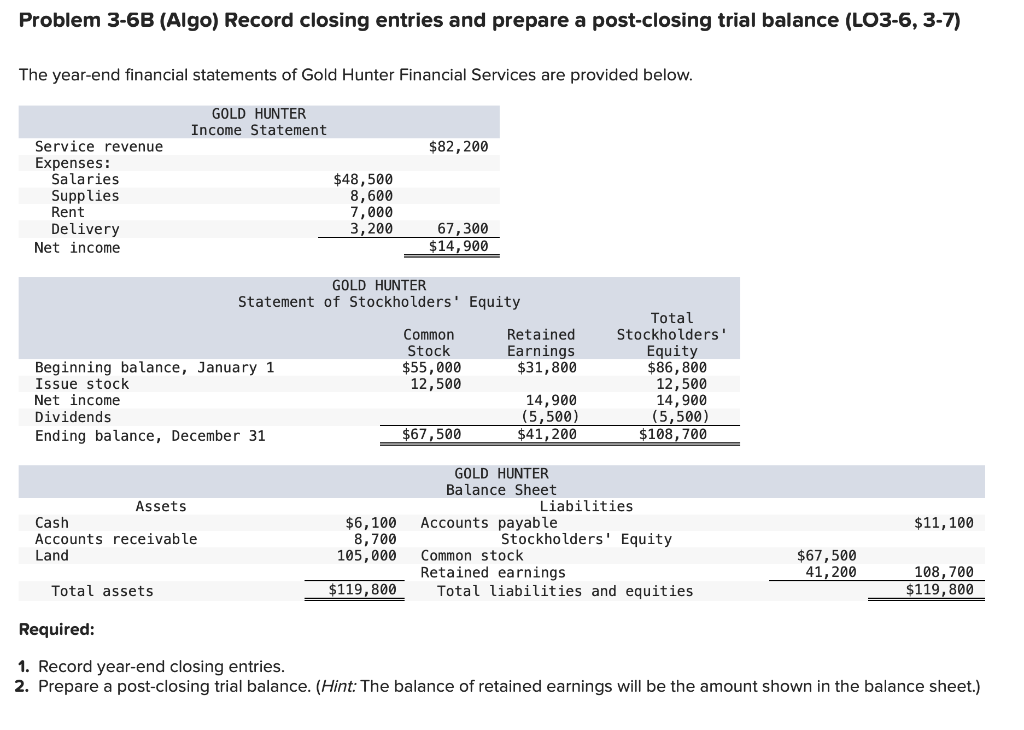 Problem 3-6B (Algo) Record closing entries and prepare a post-closing trial balance