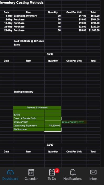 Inventory Costing Methods Date Item Quantity Cost Per Unit Total 1-May Beginning