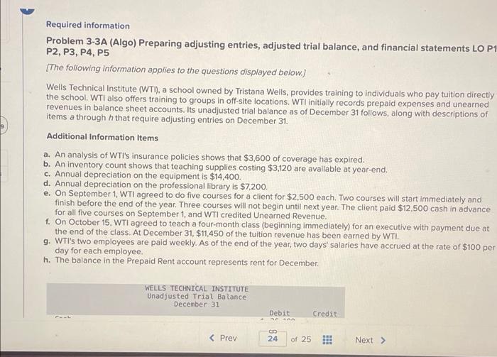 Required information Problem 3-3A (Algo) Preparing adjusting entries, adjusted trial balance, and