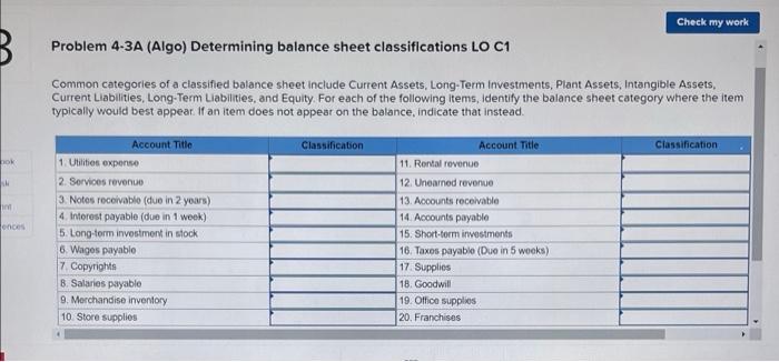 B Check my work Problem 4-3A (Algo) Determining balance sheet classifications LO