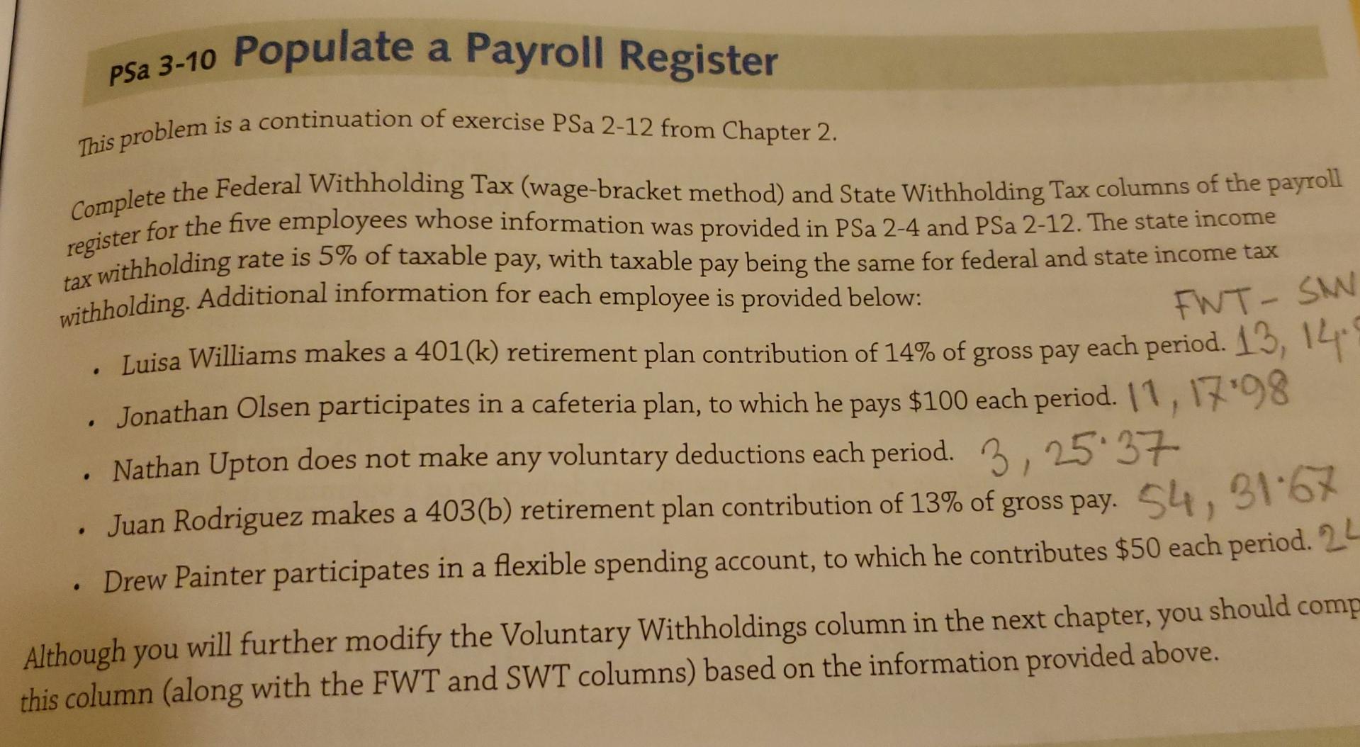 PSa 3-10 Populate a Payroll Register This problem is a continuation of