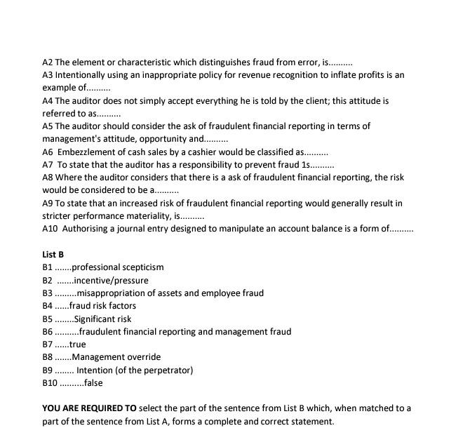 of ten sentences. Listed under "B" are the second parts of each