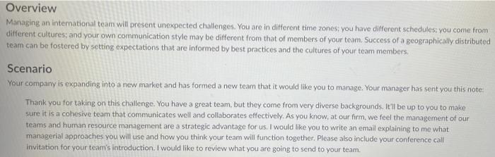 Overview Managing an international team will present unexpected challenges. You are in