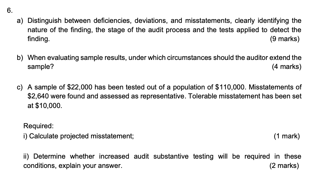 6. a) Distinguish between deficiencies, deviations, and misstatements, clearly identifying the nature