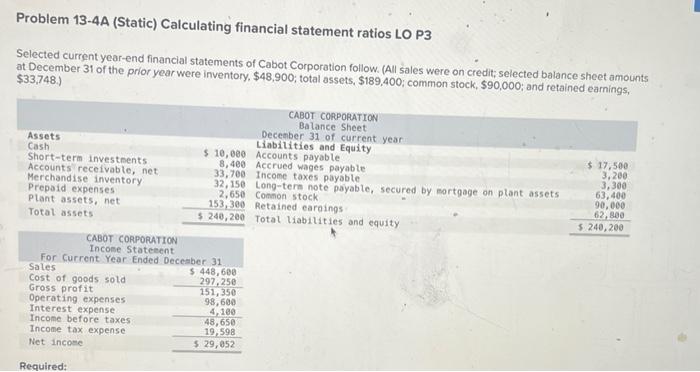 Problem 13-4A (Static) Calculating financial statement ratios LO P3 Selected current year-end