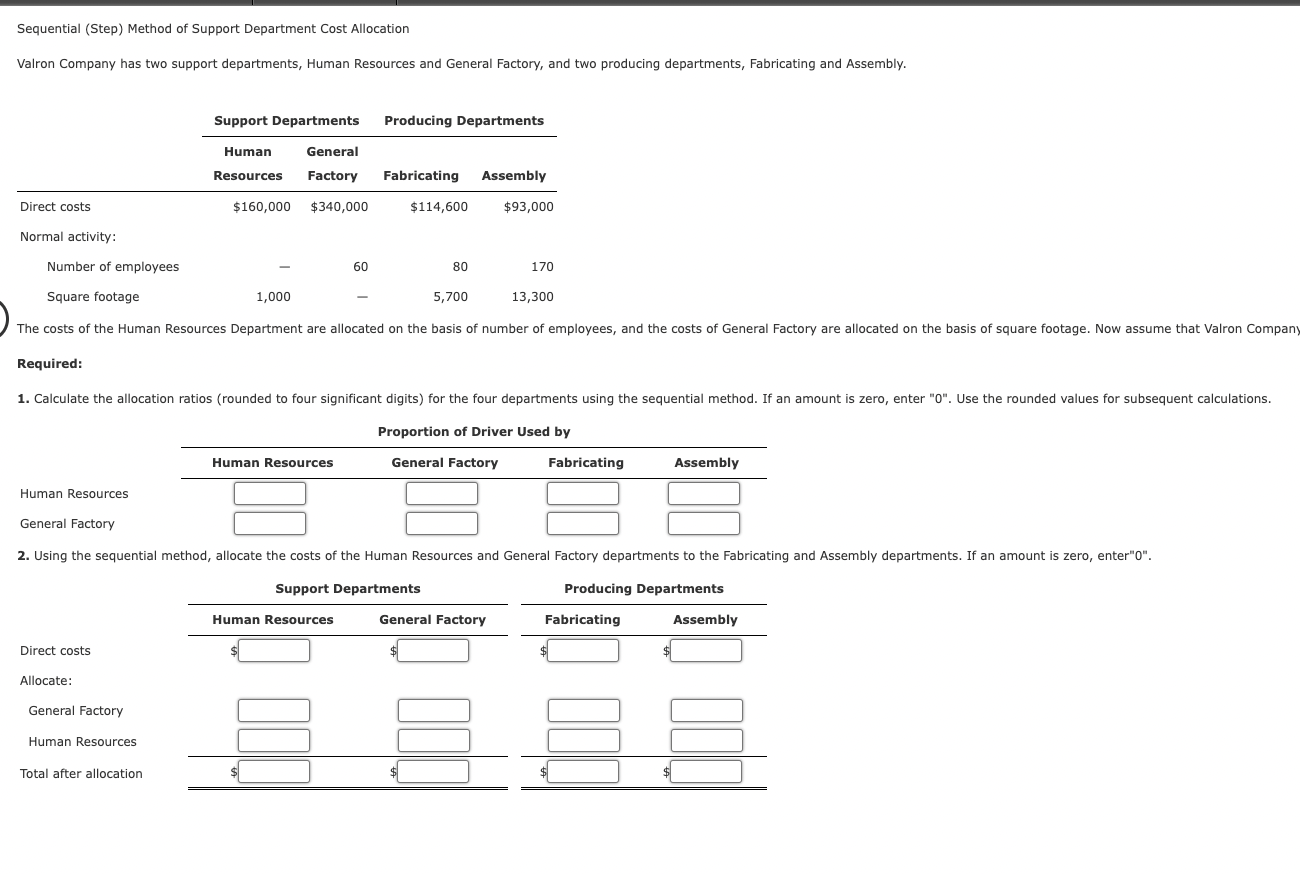Sequential (Step) Method of Support Department Cost Allocation Valron Company has two