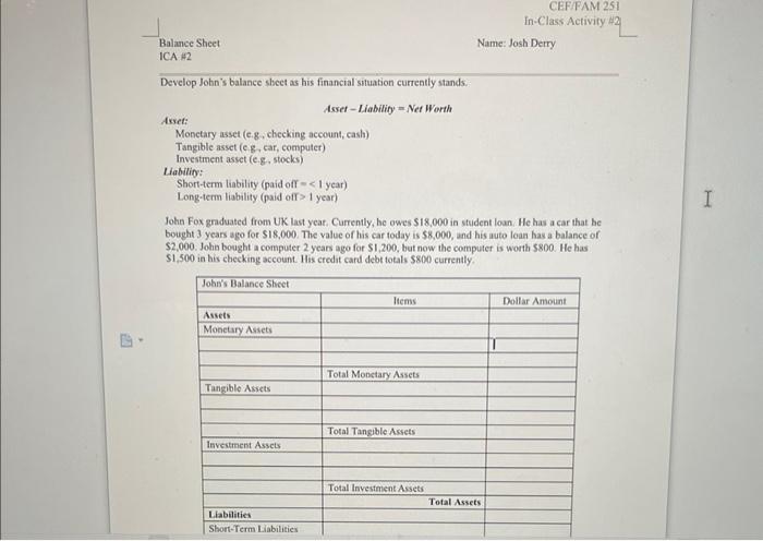 Balance Sheet ICA #2 Develop John's balance sheet as his financial situation