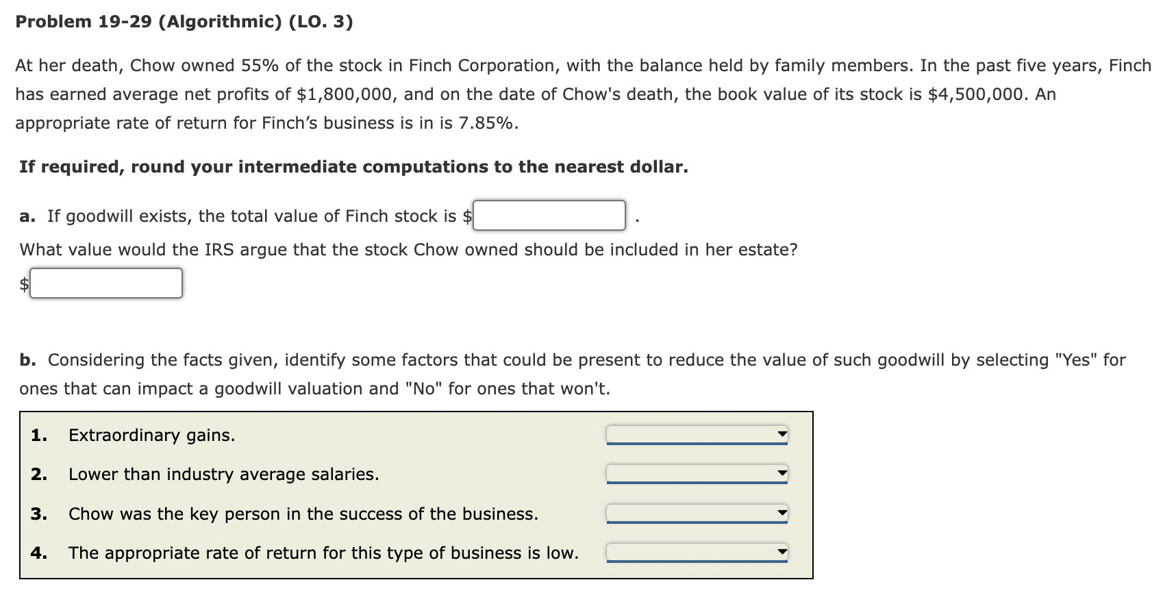 Problem 19-29 (Algorithmic) (LO. 3) At her death, Chow owned 55% of