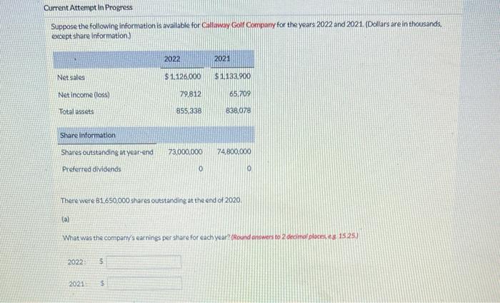 Current Attempt in Progress Suppose the following information is available for Callaway
