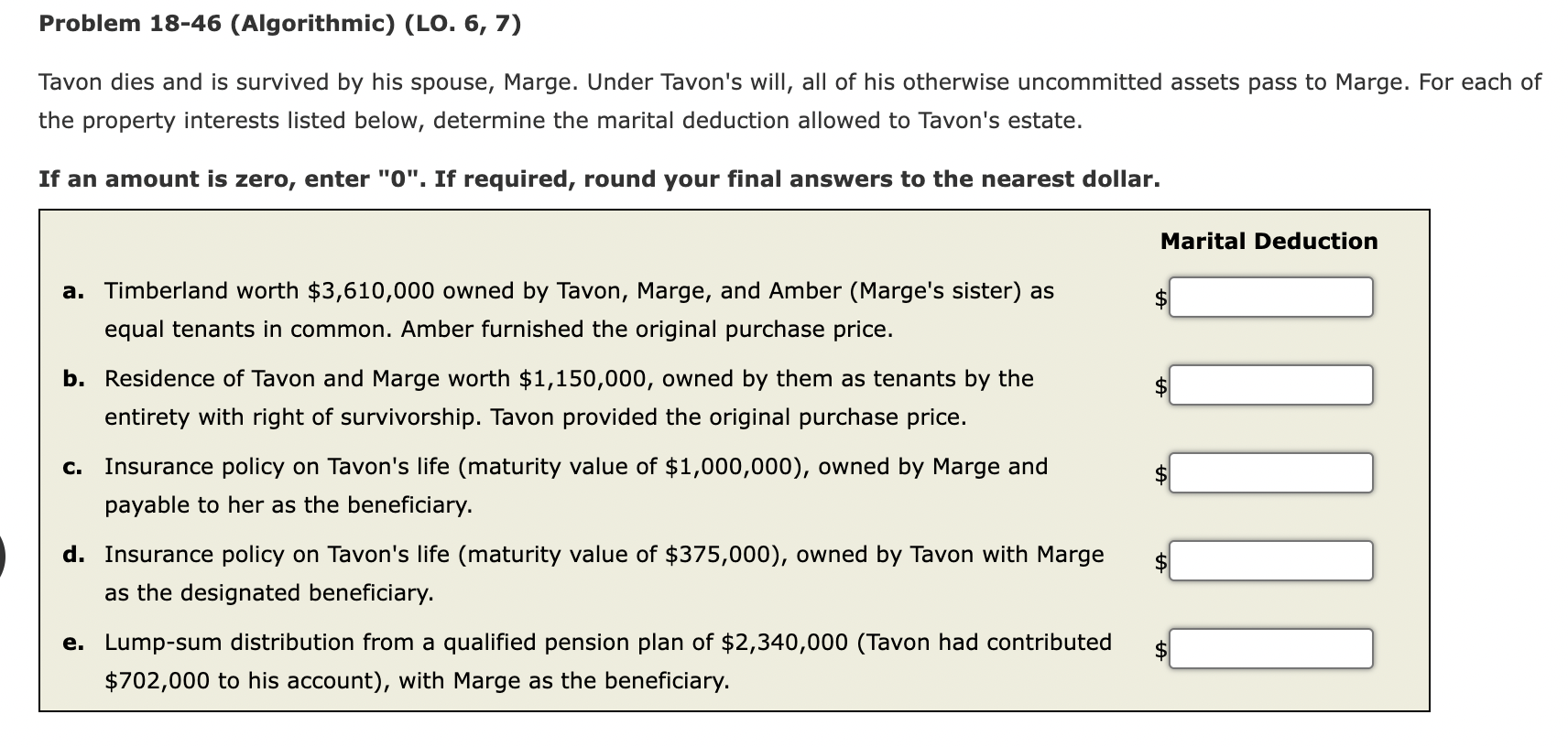 Problem 18-46 (Algorithmic) (LO. 6, 7) Tavon dies and is survived by
