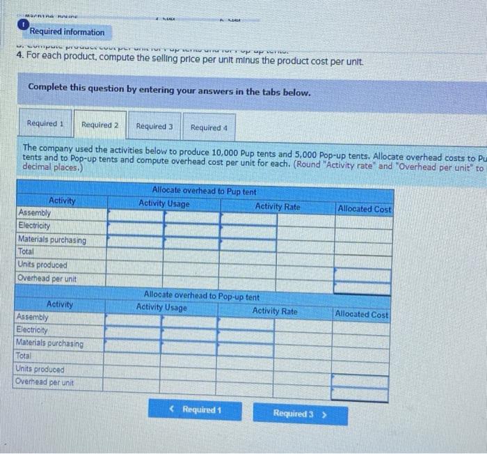 Pup tents and Pop-up tents. The company budgets $288,000 of overhead costs