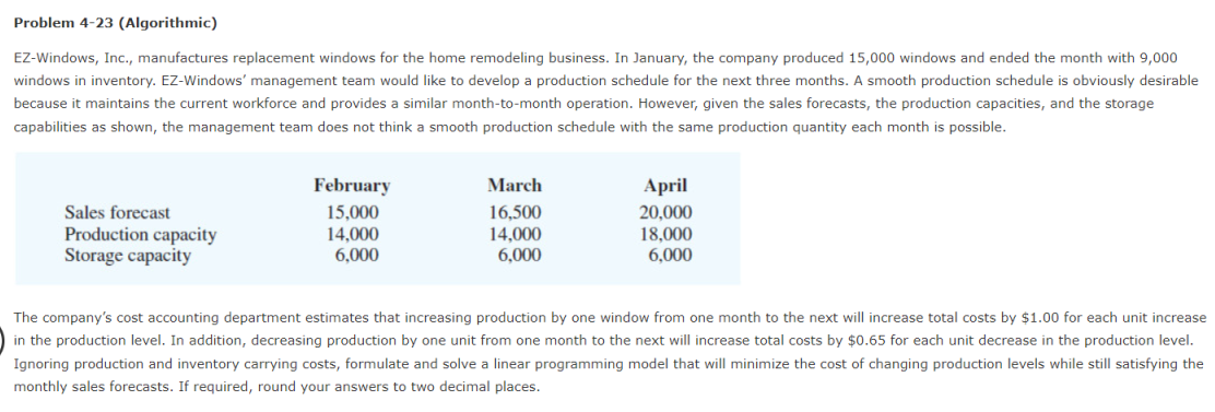 Problem 4-23 (Algorithmic) EZ-Windows, Inc., manufactures replacement windows for the home remodeling