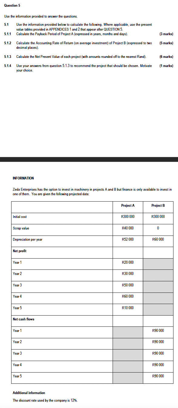 Question 5 Use the information provided to answer the questions. 5.1 Use