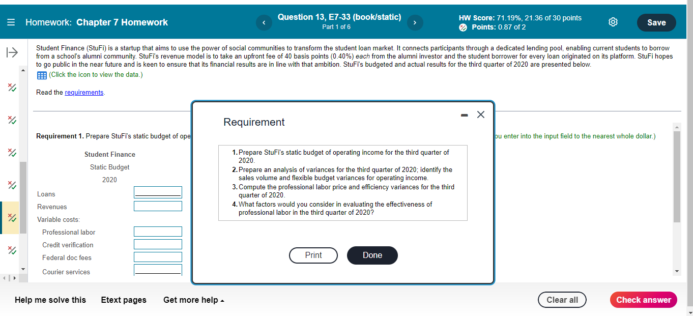 = Homework: Chapter 7 Homework Question 13, E7-33 (book/static) Part 1 of