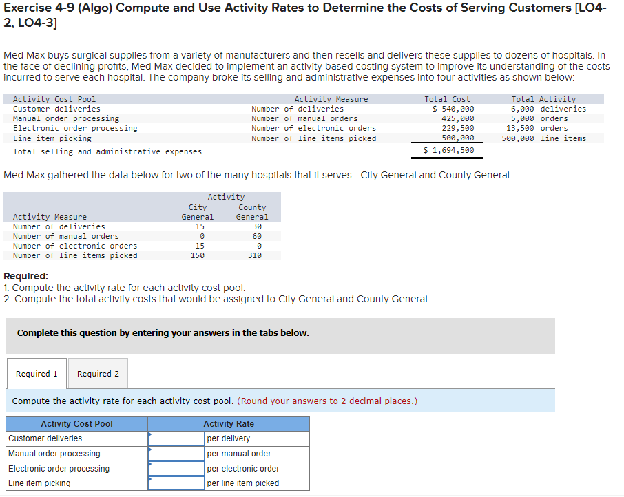 Exercise 4-9 (Algo) Compute and Use Activity Rates to Determine the Costs