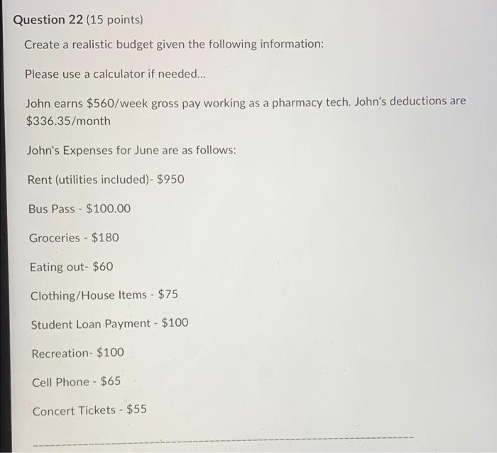 Question 22 (15 points) Create a realistic budget given the following information: