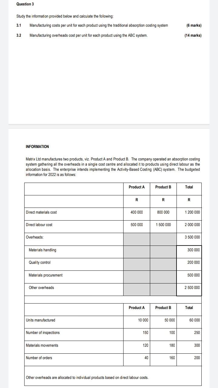 Question 3 Study the information provided below and calculate the following: 3.1