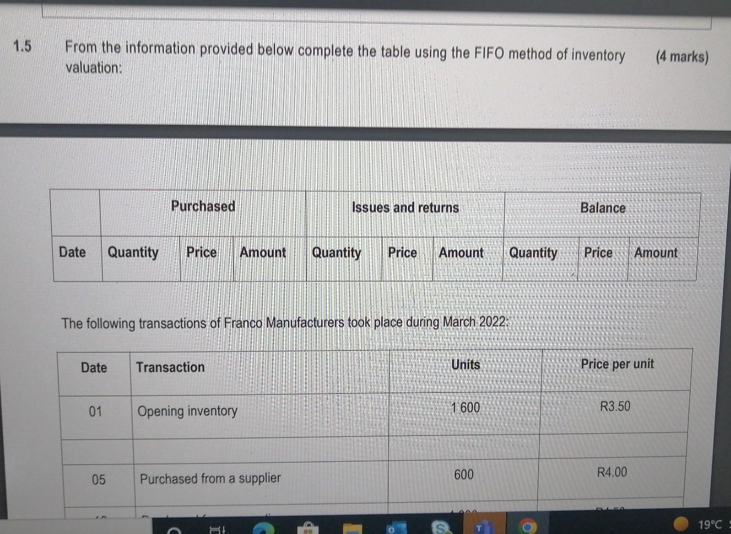 1.5 From the information provided below complete the table using the FIFO