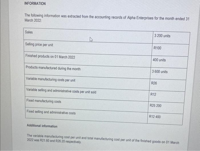 information given below to prepare the Income Statement for March 2022 according