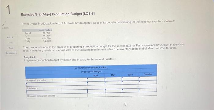 1 2 points Exercise 8-2 (Algo) Production Budget (LO8-3] Down Under Products,