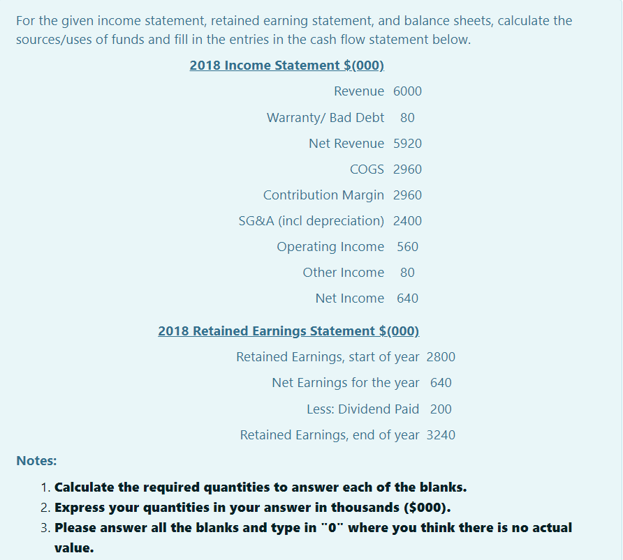 For the given income statement, retained earning statement, and balance sheets, calculate