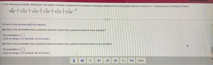 In the following probability distribution, the random variable x represents the number