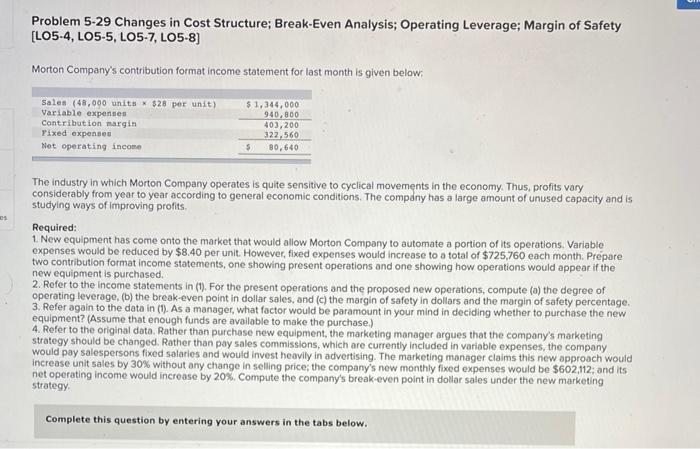 Problem 5-29 Changes in Cost Structure; Break-Even Analysis; Operating Leverage; Margin of