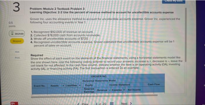 3 Problem: Module 2 Textbook Problem 3 Check my work 0.5 points
