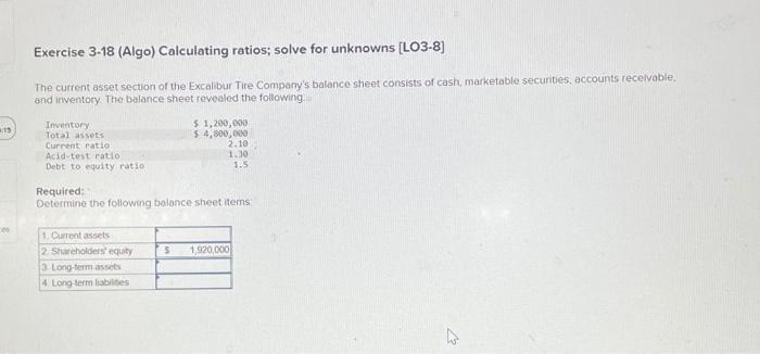 Exercise 3-18 (Algo) Calculating ratios; solve for unknowns [LO3-8] The current asset