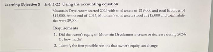 Learning Objective 3 E-F:1-22 Using the accounting equation Mountain Drycleaners started 2024
