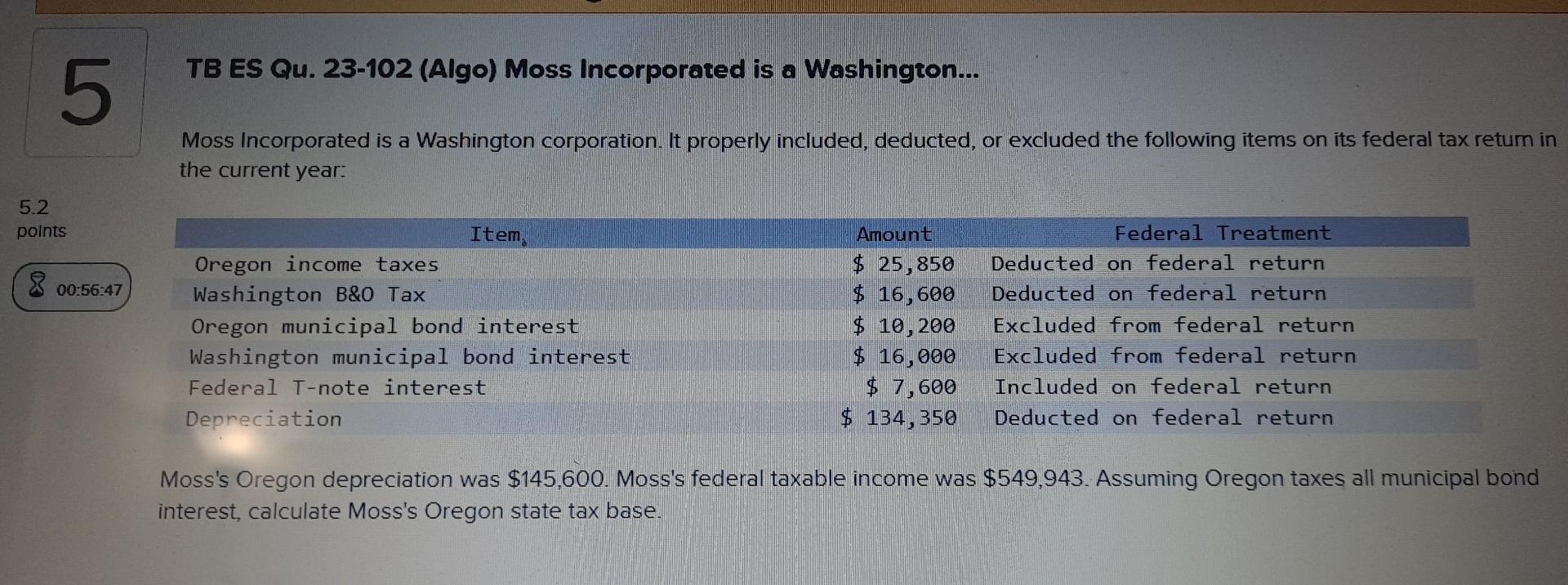 5.2 points 5 TB ES Qu. 23-102 (Algo) Moss Incorporated is a