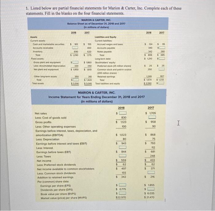 1. Listed below are partial financial statements for Marion & Carter, Inc.