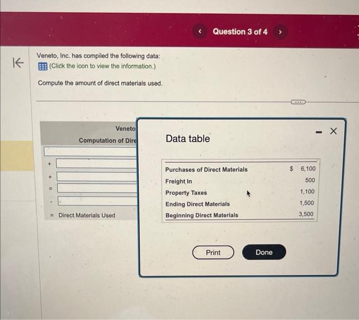 K Veneto, Inc. has compiled the following data: (Click the icon to