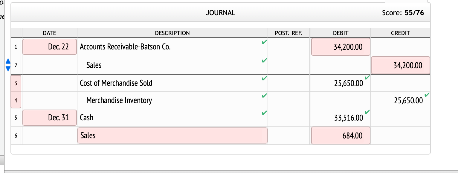76 DATE 1 2 3 DESCRIPTION Dec. 22 Accounts Receivable-Batson Co. Sales