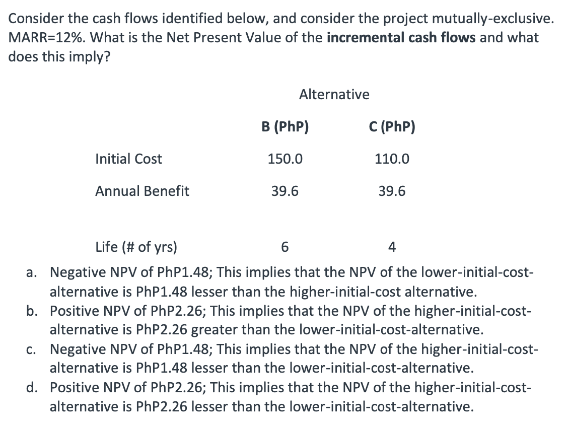Consider the cash flows identified below, and consider the project mutually-exclusive. MARR=12%.