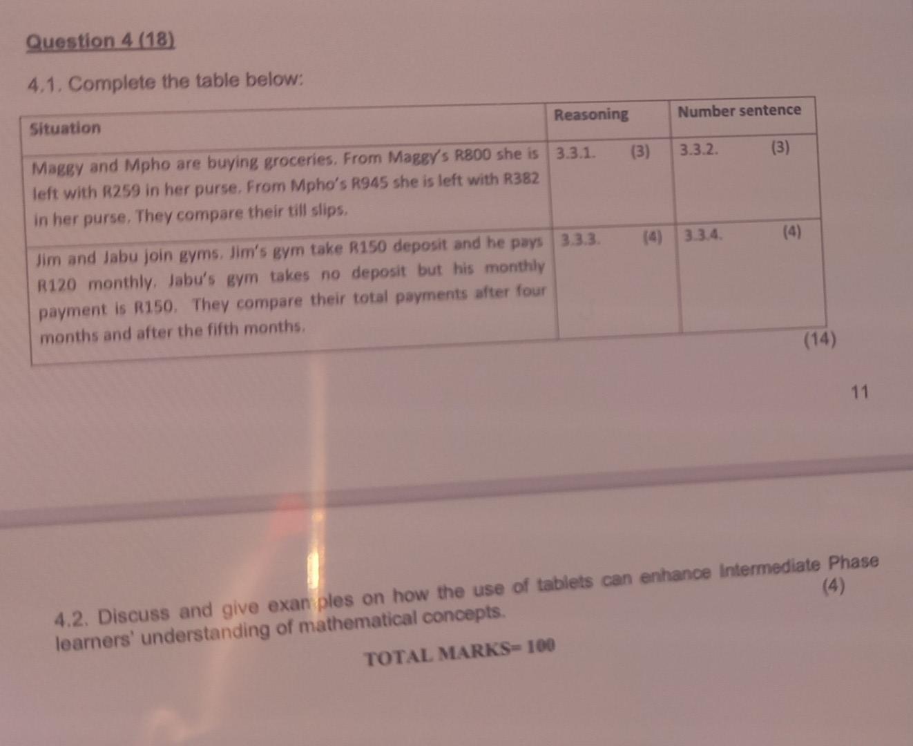 Question 4 (18) 4.1. Complete the table below: Situation Reasoning Number sentence