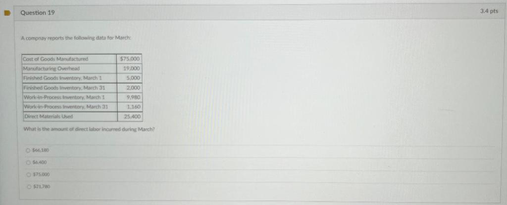 Question 19 A compnay reports the following data for March: Cost of