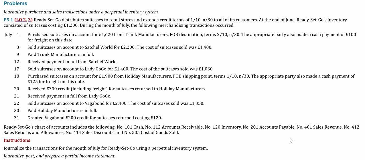 Problems Journalize purchase and sales transactions under a perpetual inventory system. P5.1