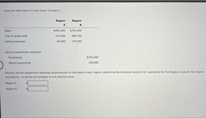 Using the data below for Ace Guitar Company: Region: A Region B