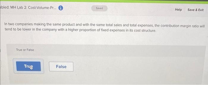 bled: MH Lab 2: Cost-Volume-Pr... Saved Help Save & Exit In two