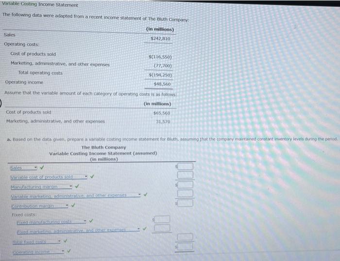 Variable Costing Income Statement The following data were adapted from a recent