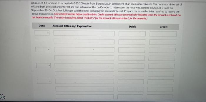 3 On August 1. Handley Ltd. accepted a $25,200 note from Borges